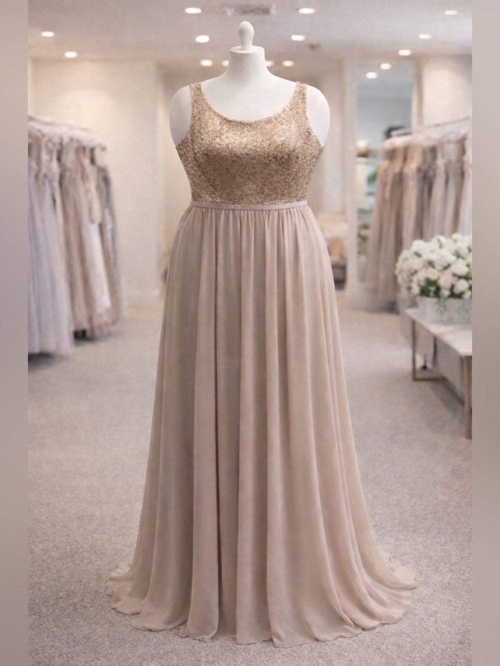 Gold Sequin Bodice Maxi Dress – Open Back - Size 14